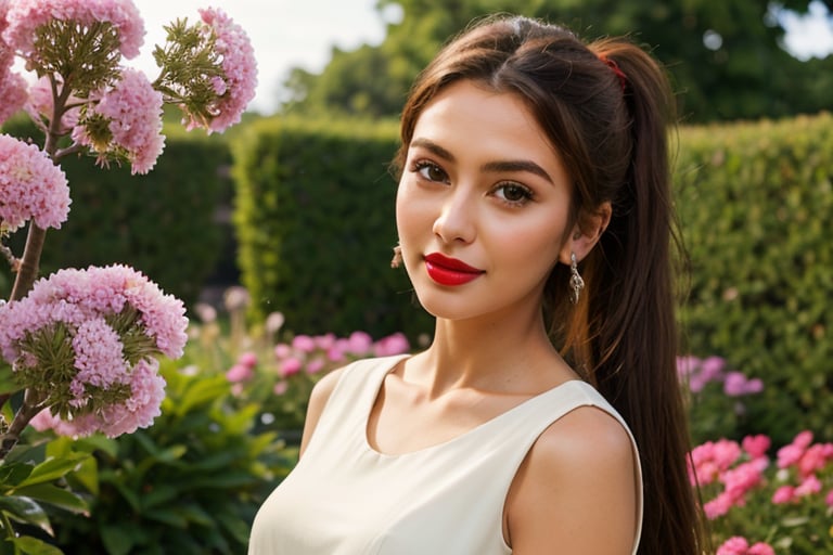 (masterpiece: 1.4), (best quality: 1.4), ultra high resolution, 8K, CG, (extremely delicate and beautiful: 1.2), upper body, side, looking at viewer, , 1 girl, alone, girl fashi, mature girl, cute, sweet, in a garden with many flowers of various colors, long brown hair, hair with a ponytail, brown eyes, closed mouth, red lips, face brushed by the wind , , , white dress, , medium breasts,girl