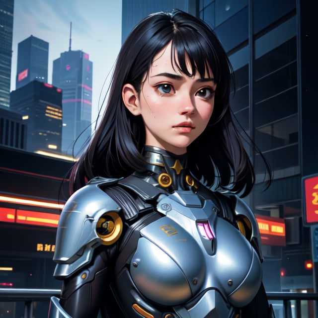 best quality ,masterpiece, illustration, an extremely delicate and beautiful, extremely detailed ,CG ,unity ,8k wallpaper, Amazing, finely detail, masterpiece,best quality,official art,extremely detailed CG unity 8k wallpaper,absurdres, incredibly absurdres, ultra-detailed, highres, extremely detailed,beautiful detailed girl,light on face, 1girl, mecha, armor, mechanical_body, black hair, spaceship, city, cyberpunk, star_sky,