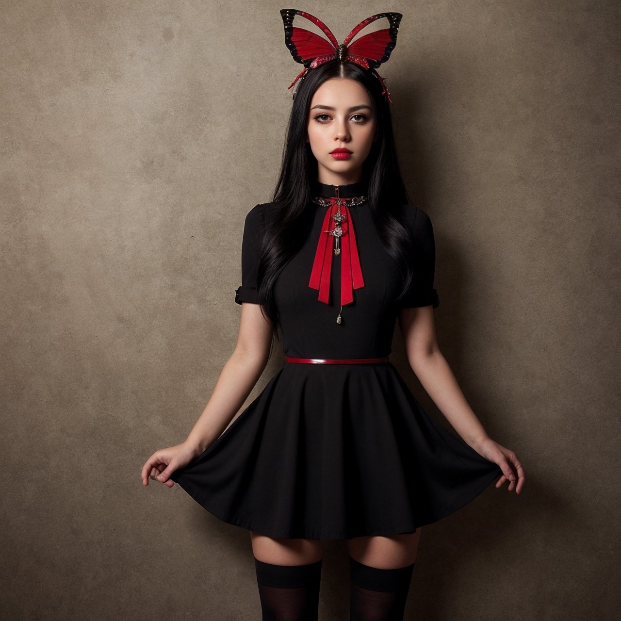 Expressionless,,(Dark Fantasy),((Wonderful Illustration)),(Detail Splash), long black hair, red pupils, girl, pure black dress, only the collar, cuffs and skirt are dark red, ears Pinned to the side is a red butterfly barrette, masterpiece, best quality, high quality, headpiece,, red and black crystal necklace, black knee socks