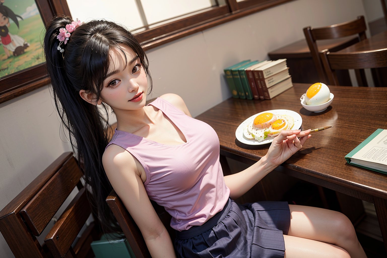 masterpiece, 1girl, medium breasts, solo, araragi karen, hair ornament, egg hair ornament, side ponytail, black hair, food-themed hair ornament, fried egg, looking at viewer, egg (food), long hair, (black eyes:1.1), purple skirt, sleeveless, pink shirt, homework, books, holding pencil, smirk