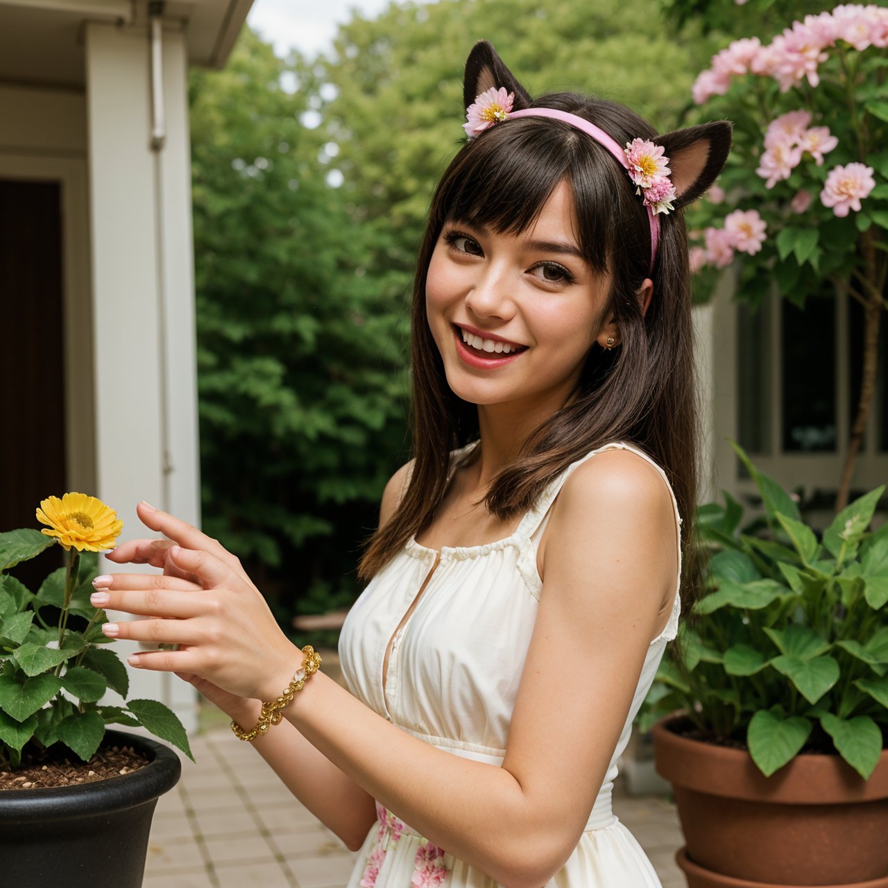 1girl, :d, animal ear fluff, animal ears, bangs, black hairband, blonde hair, blurry, blurry background, depth of field, dress, flower, flower pot, frilled dress, frills, green dress, green eyes, hairband, holding, long hair, open mouth, pink flower, plant, potted plant, sketch, sleeveless, sleeveless dress, smile, solo, tail, wrist cuffs, yellow flower, 1980s (style)