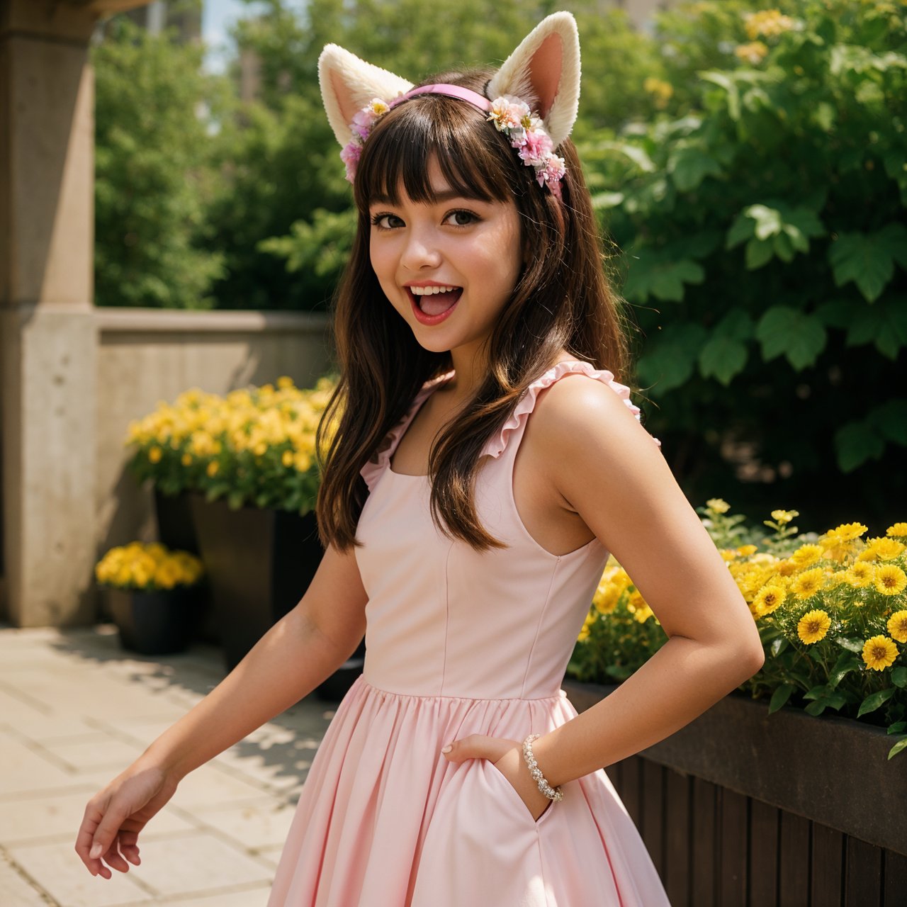 1girl, :d, animal ear fluff, animal ears, bangs, black hairband, blonde hair, blurry, blurry background, depth of field, dress, flower, flower pot, frilled dress, frills, green dress, green eyes, hairband, holding, long hair, open mouth, pink flower, plant, potted plant, sketch, sleeveless, sleeveless dress, smile, solo, tail, wrist cuffs, yellow flower, 1980s (style)