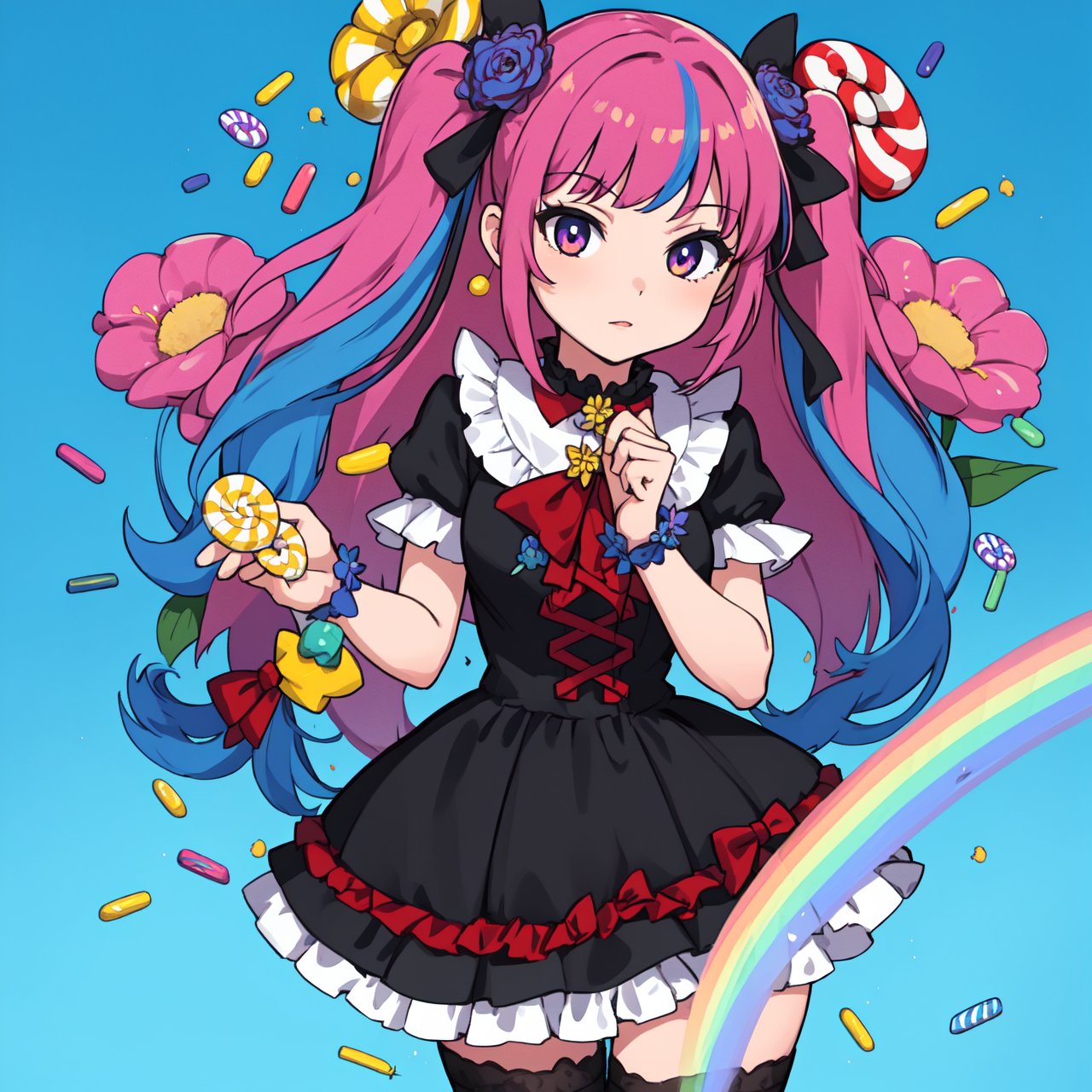 masterpiece, best quality,1girl,gothgal,frilly dress 8k,highres, ( flower_styler:1.2)(rainbow-candy:1.2)