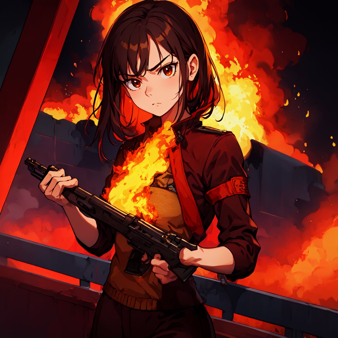 best quality,ultra-detailed,realistic:1.37,highres,masterpiece:1.2,portrait,a girl with an AK47 gun in her hand,detailed facial features,strong expression,intense gaze,dark and moody lighting,gritty atmosphere,high contrast,sharp focus,bold colors,metallic texture on the gun,lush background with trees and bushes,explosions in the distance,smoke and fire in the air,action-packed scene,aggressive stance,confident and fearless demeanor