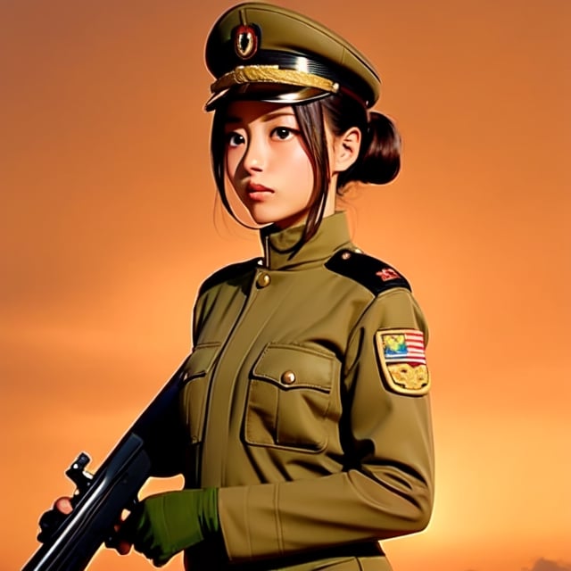 Military uniform  light brown a girl  japanese commander with a gun in hands