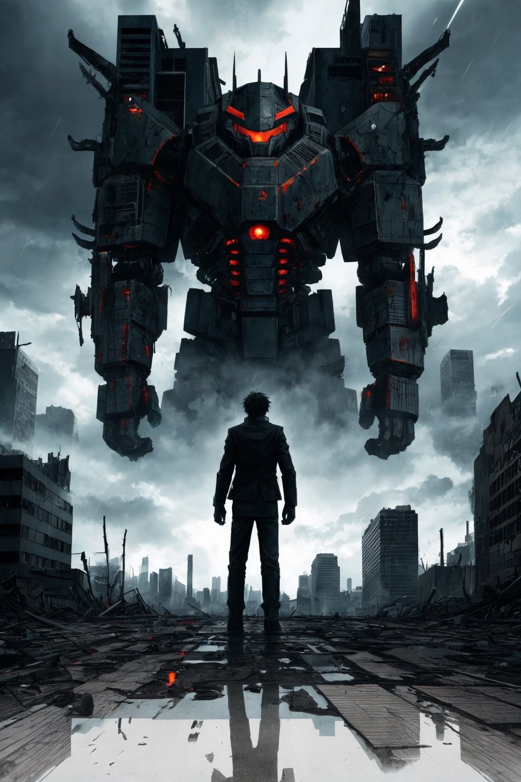 Create a hand-drawn manga-style dibman featuring a determined young hero standing atop a crumbling skyscraper in a post-apocalyptic cityscape. Behind them, ominous storm clouds gather, while in the foreground, fierce robotic adversaries loom. The hero wields a powerful, glowing sword, ready to embark on an epic battle for survival. Capture the intensity and emotion of this dramatic scene in your manga-style artwork with pencils on the table and a hand finishing the drawing on a paper