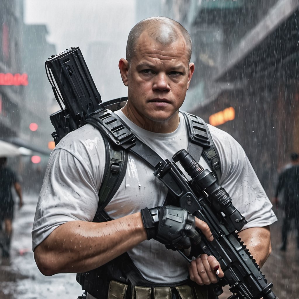 bald Matt Damon 25 y. o., in cyberpunk city, wear low tech exoskeleton over white t shirt, some mechanics parts layed over hands, grenade launcher in hands, insane level of details, heavy rain, 
8k uhd, dslr, soft lighting, high quality, film grain, Fujifilm XT3, aperture f/11, elisium movie, cinematic, dramatic, composition, sharp focus
