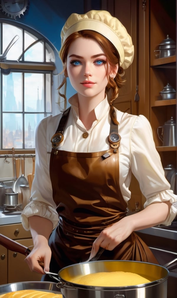 steampunk baker, cooking in a large airy kitchen unruly hair, pale yellow clothing, blue eyes, digital painting, photorealism, anime realism, close-up, dynamic lighting, high detail, complex background, clarity, high quality, pastel colours
