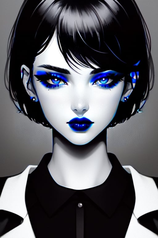 A closeup portrait of a woman with short black hair, wearing a black shirt, blue lipstick and blue eye shadow, black and white, digital art 