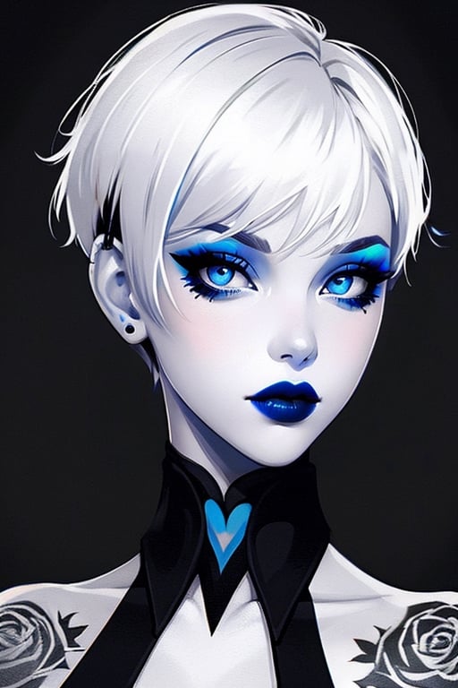 A closeup portrait of a woman with white short hair, wearing a black shirt, blue lipstick and blue eye shadow, tattoo on her neck, black and white, digital art ,wo_g0rg301