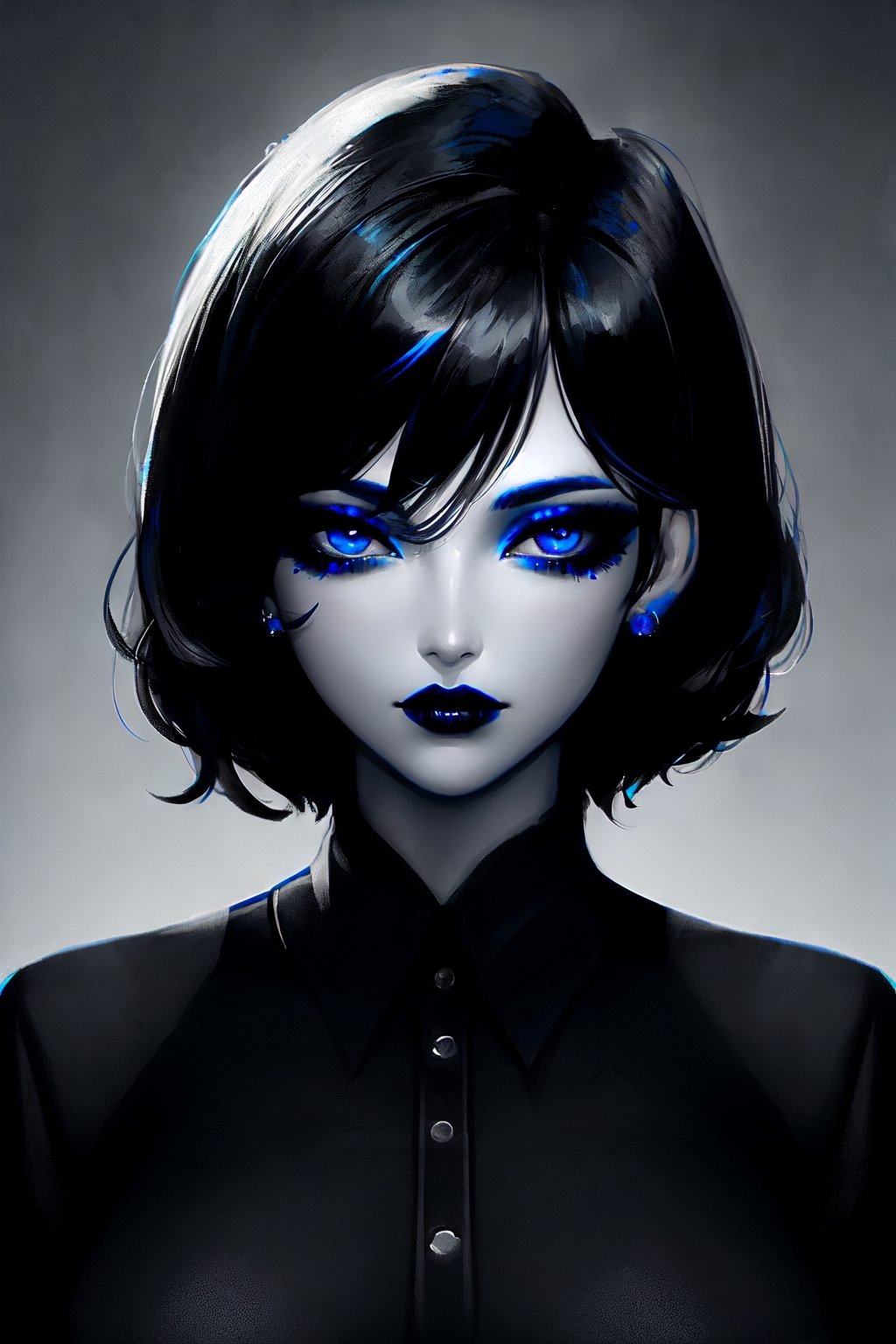 A closeup portrait of a woman with short black hair, wearing a black shirt, blue lipstick and blue eye shadow, black and white, digital art 