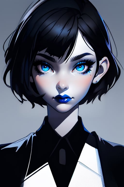 A closeup portrait of a woman with short black hair, wearing a black shirt, blue lipstick and blue eye shadow, black and white, digital art 