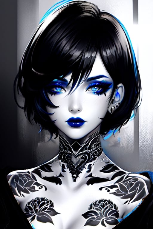 A closeup portrait of a woman with short black hair, wearing a black shirt, blue lipstick and blue eye shadow, tattoo on her neck, black and white, digital art 