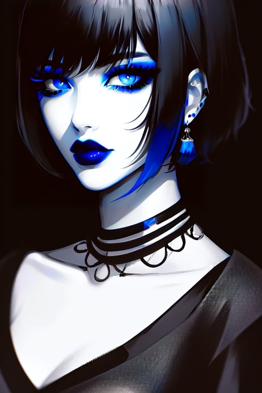 A woman with short black hair, wearing a black shirt, blue lipstick and blue eye shadow, black and white, digital art 