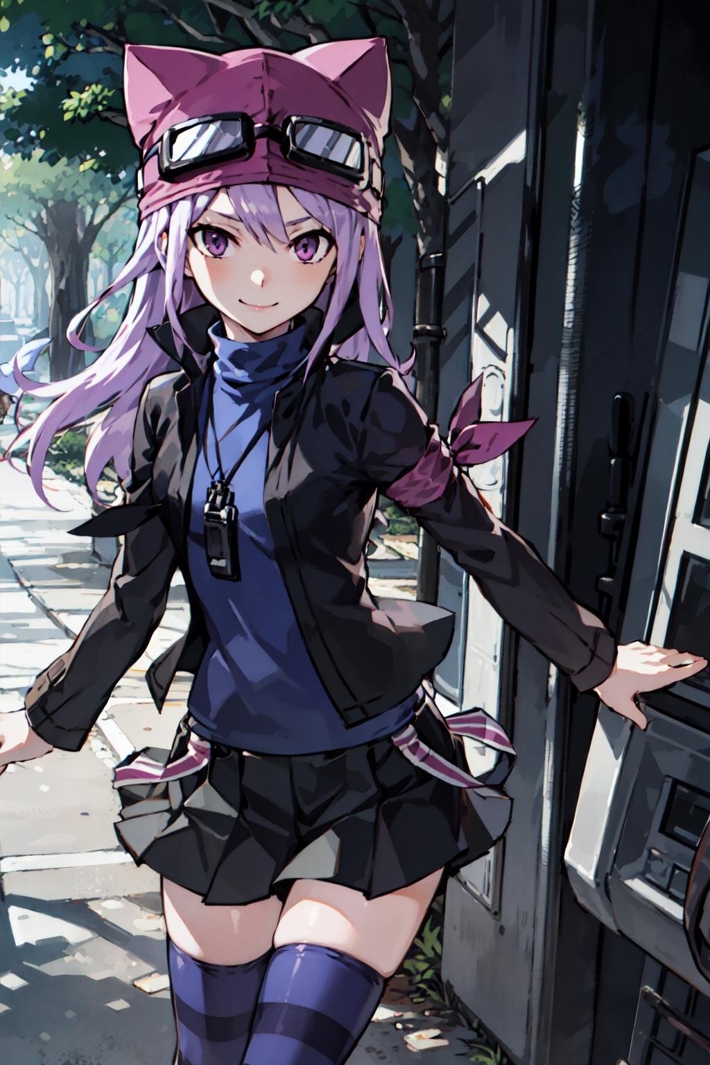 best quality, highres, sayo, animal hat, zettai ryouiki, striped legwear, skirt, open jacket, goggles, purple hair, purple eyes, armband, small smile, dynamic pose,(forest, daylight, mottled sunlight), 