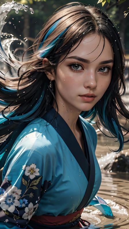 (best quality, masterpiece, colorful, dynamic angle, highest detailed)full body photo, ull body photo epic realistic, (close up), 1girl, floating blue_hair, long hair, (water:0.7), waterdrop, wet, holding_katana, blue_kimono with intricate pattern, ultra detailed, (textured_clothing), black_background,  (intricate details, hyperdetailed:1.15), detailed, light passing through hair, (official art, extreme detailed, highest detailed),