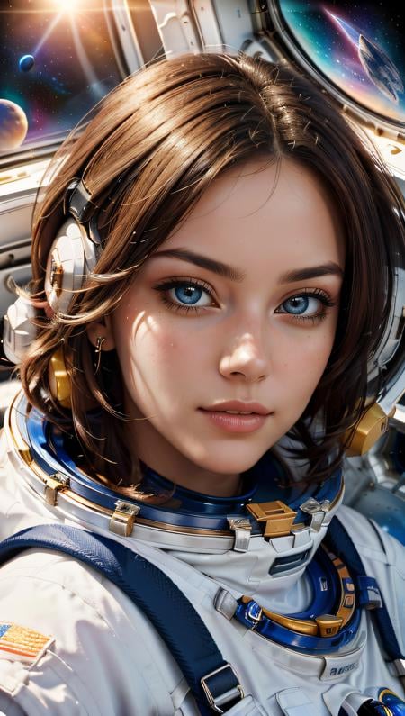 (best quality, masterpiece, perfect face, beautiful and aesthetic:1.2, colorful, dynamic angle, highest detailed face) fashion photography of cute astronaut girl with long iridiscent golden hair, in space (intricate details, hyperdetailed:1.15), detailed, sunlight passing through hair, (beautiful galaxy background), (high contrast, official space art, extreme detailed, highest detailed), HDR