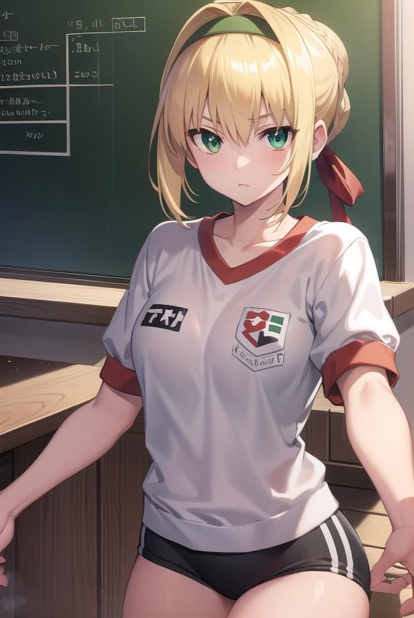 fgonero, <lora:nero-lora-nochekaiser:1>, nero, ahoge, blonde hair, (green eyes:1.5), hair between eyes, hair intakes, BREAK braid, buruma, french braid, gym shirt, gym uniform, hair bun, headband, official alternate costume, red buruma, red headband, single hair bun,BREAK looking at viewer, BREAK indoors, classroom,BREAK <lyco:GoodHands-beta2:1>, (masterpiece:1.2), best quality, high resolution, unity 8k wallpaper, (illustration:0.8), (beautiful detailed eyes:1.6), extremely detailed face, perfect lighting, extremely detailed CG, (perfect hands, perfect anatomy),