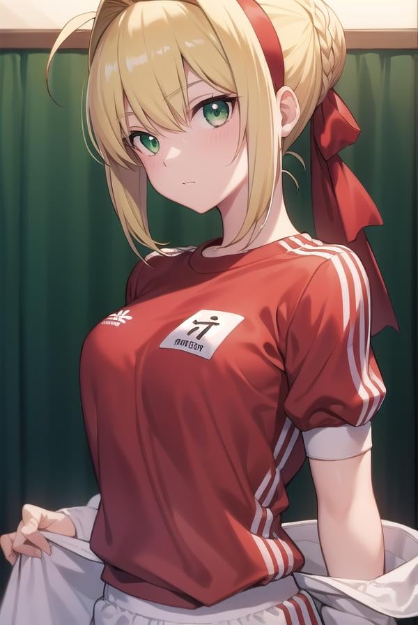 fgonero, <lora:nero-lora-nochekaiser:1>, nero, ahoge, blonde hair, (green eyes:1.5), hair between eyes, hair intakes, BREAK braid, buruma, french braid, gym shirt, gym uniform, hair bun, headband, official alternate costume, red buruma, red headband, single hair bun,BREAK looking at viewer, BREAK indoors, classroom,BREAK <lyco:GoodHands-beta2:1>, (masterpiece:1.2), best quality, high resolution, unity 8k wallpaper, (illustration:0.8), (beautiful detailed eyes:1.6), extremely detailed face, perfect lighting, extremely detailed CG, (perfect hands, perfect anatomy),