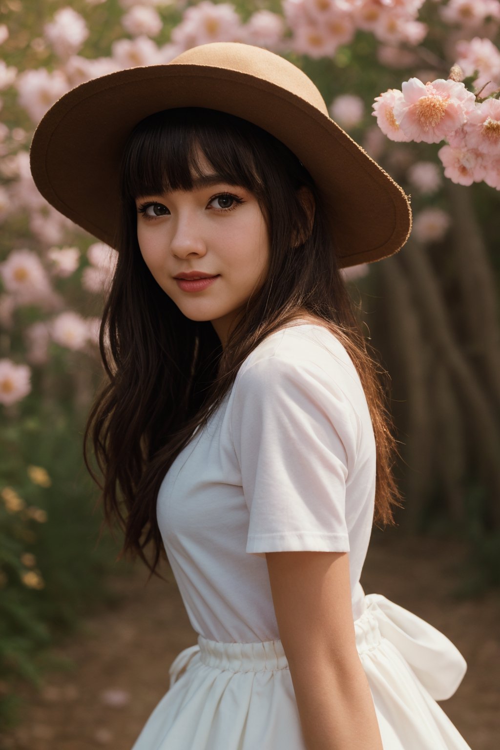 Medium view, medium shot, depth of field, bust, upper body, cinematic angle, masterpiece, best quality, super detailed, CG, 8K wallpaper, beautiful face, delicate eyes, a maiden, solo, smile, bangs, skirt, shirt, hat, dress, bow, petals, bouquet