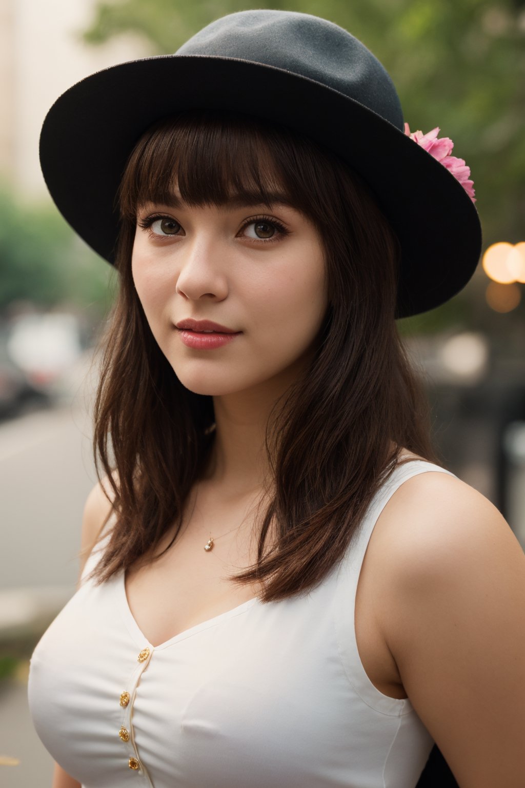 Medium view, medium shot, depth of field, bust, upper body, cinematic angle, masterpiece, best quality, super detailed, CG, 8K wallpaper, beautiful face, delicate eyes, a maiden, solo, smile, bangs, skirt, shirt, hat, dress, bow, petals, bouquet