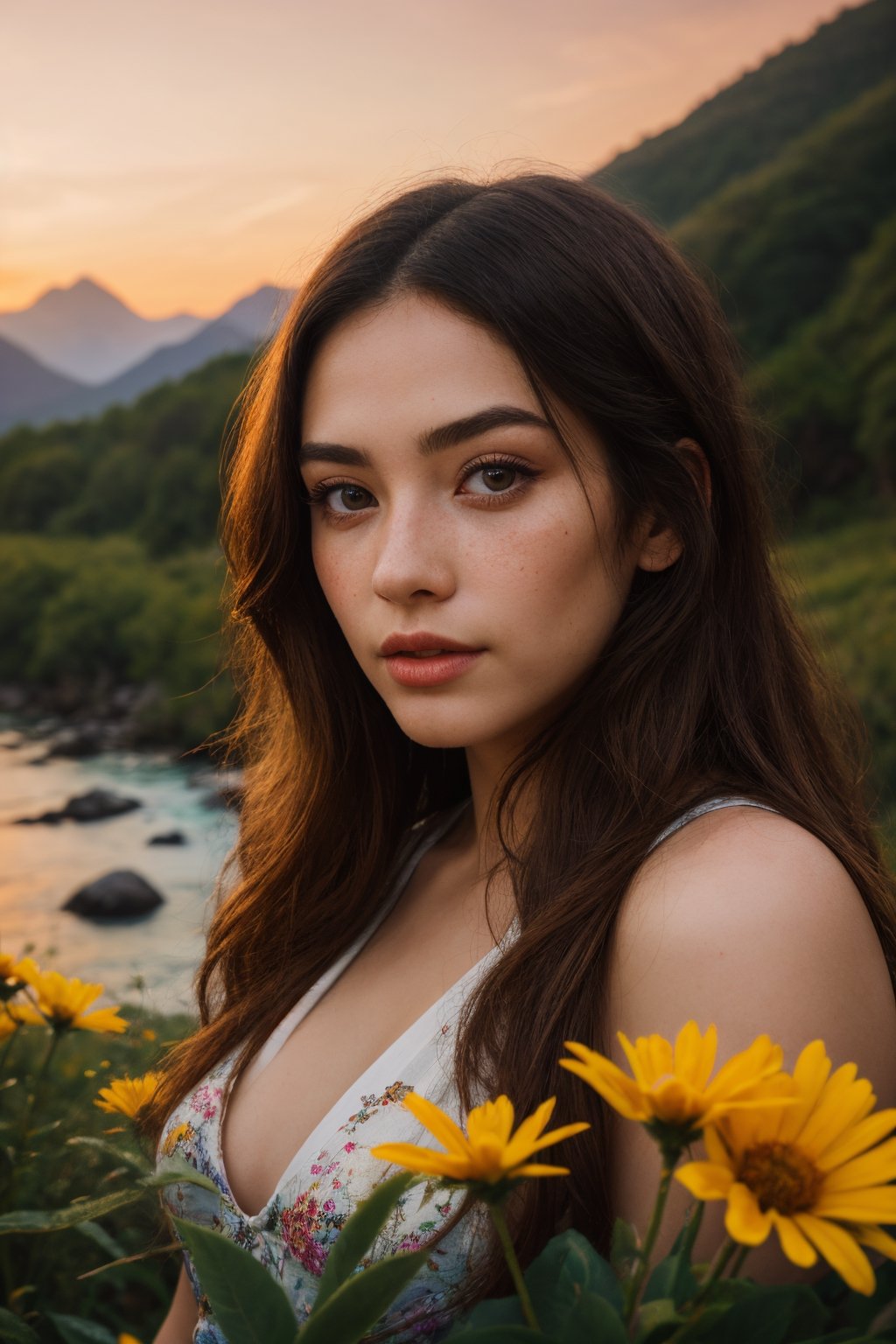 (best quality,8k,highres,masterpiece:1.2),photorealistic,ultra-detailed,vibrant photography of a woman in nature,dramatic lighting,finely detailed beautiful eyes,fine detailed skin,Natural scenery,majestic landscape,colorful flowers,distant mountains,flowing rivers,melting sunset,serene atmosphere,dazzling sunlight,blissful vibes,freckled face,luscious greenery,soft breeze,ethereal beauty