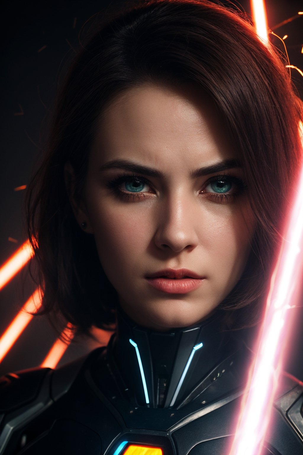 (best quality, 8K, ultra-detailed, masterpiece), (ultra-realistic, photorealistic), Create a captivating 8K close-up portrait of a beautiful and enigmatic woman who possesses the extraordinary power of electricity. Her expression is one of anger, and her face has a robotic, cyborg-like appearance. She is clad in a futuristic cyborg outfit. Her wild, electrified hair crackles with bright white sparks, and her eyes are illuminated by piercing neon-white electric glows. The entire composition is charged with multicolored lightning, giving the scene an electrifying and dynamic atmosphere.