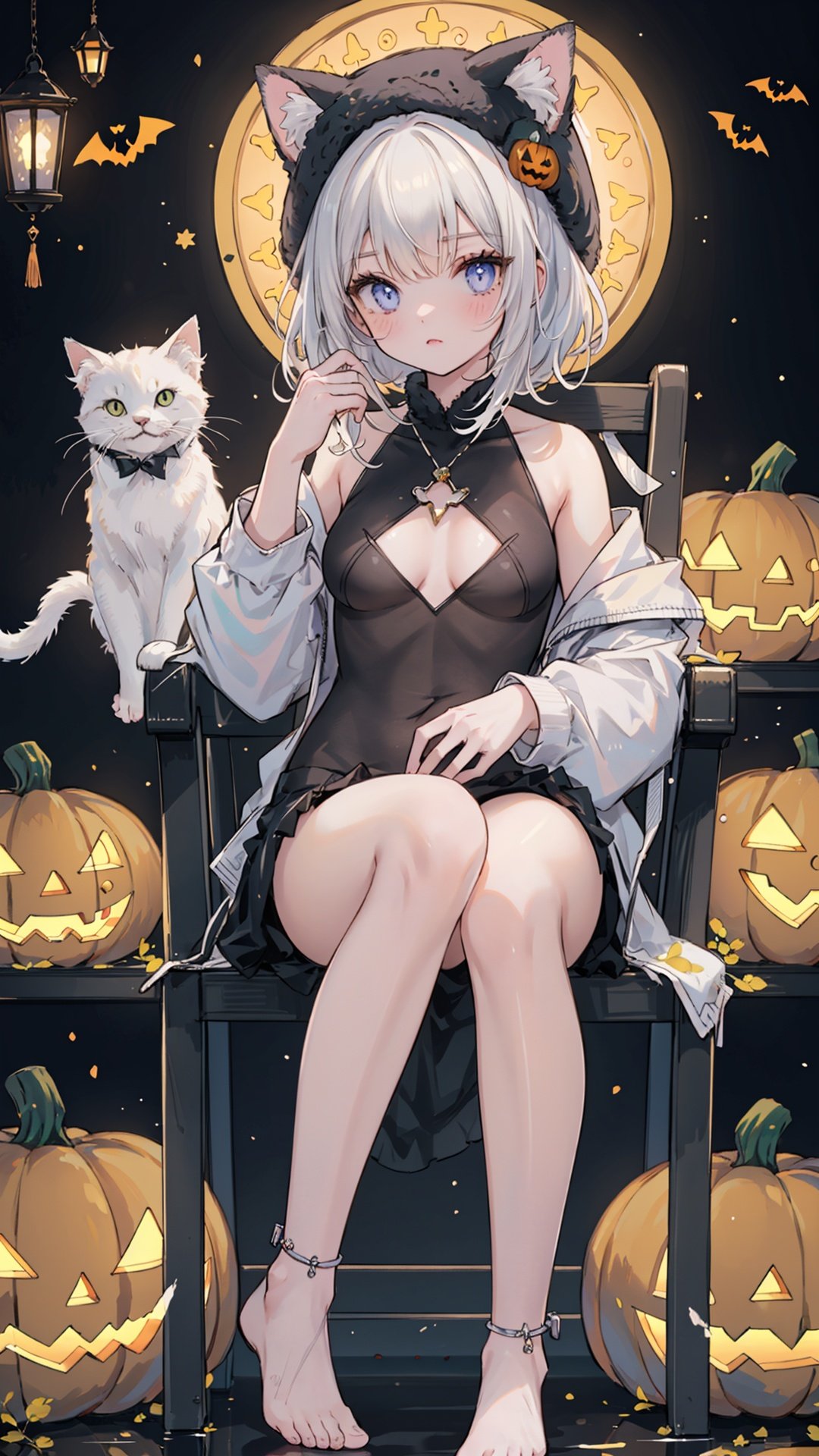  ((masterpiece)), ((best quality)), 8k, high detailed, ultra-detailed, (1girl), sitting on a chair, (cat hat), (2cats), one on her head, one on her knee, (Halloween), (pumpkin light)., backlight