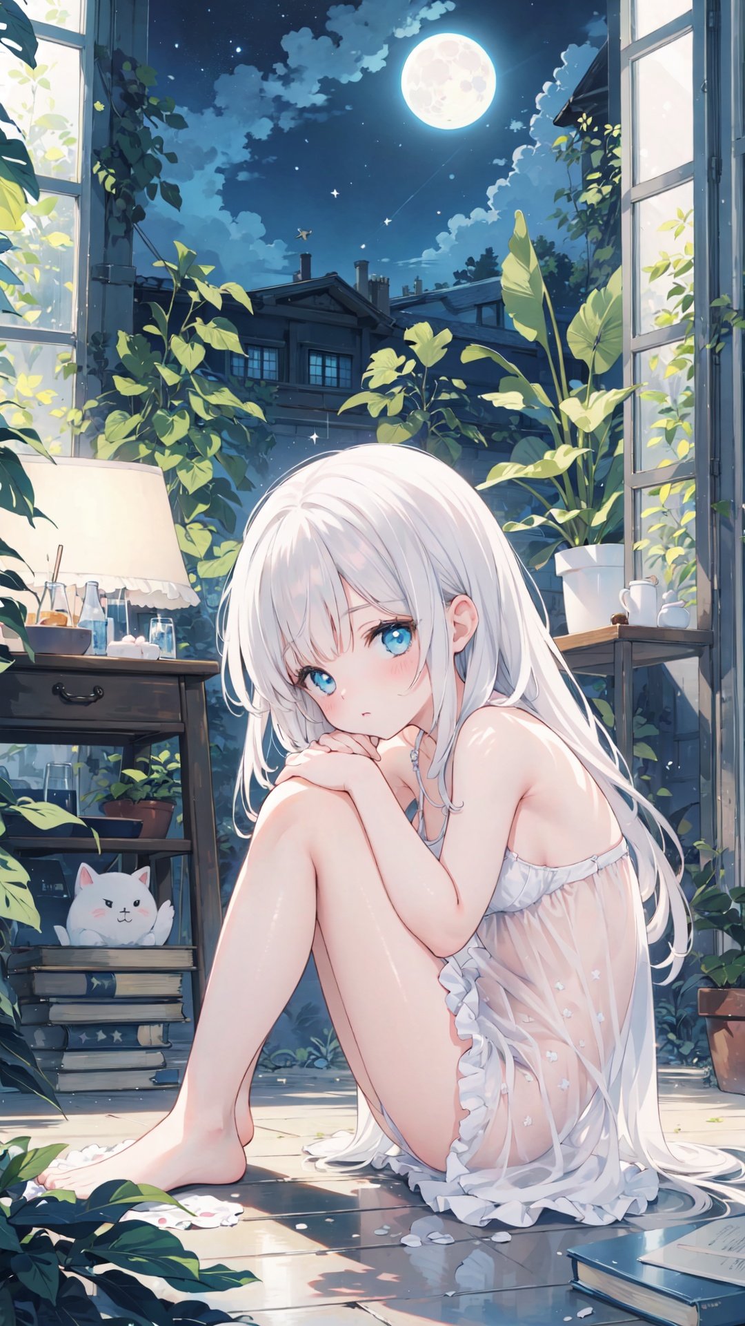  (masterpiece:1.2), (best quality:1.3), (ultra-detailed:1.2), (illustration:1.2),(Cinematic Lighting),star,moon,\n（(1girl)),loli,full body,sitting,fetal position,\nbubble, fantastic,plant,girl in star, cuteloli, cozy animation scenes, backlight