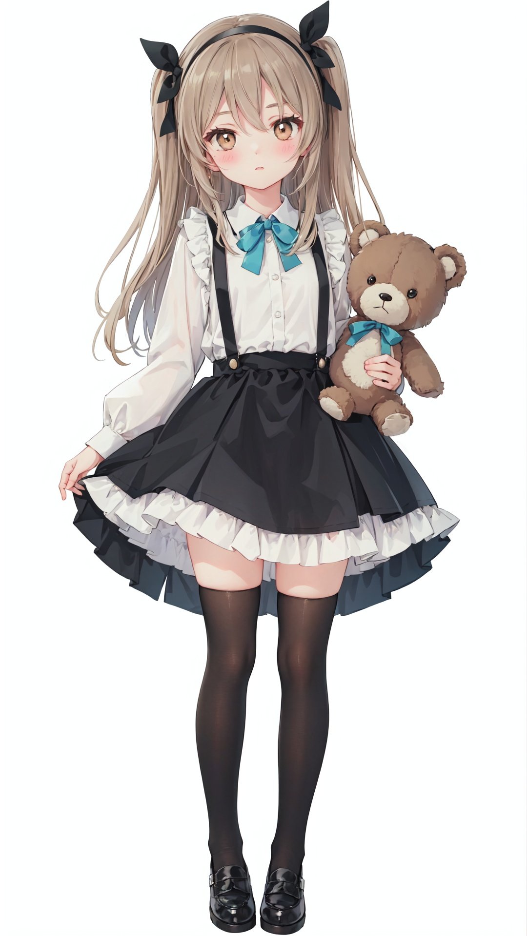  1girl, shimada arisu, solo, stuffed toy, teddy bear, stuffed animal, striped, thighhighs, long hair, boko (girls und panzer), brown eyes, white background, striped thighhighs, ribbon, simple background, looking at viewer, full body, hair ribbon, blush, hairband, bandages, skirt, mary janes, shoes, long sleeves, light brown hair, standing, one side up, shirt, suspenders, holding stuffed toy, brown hair