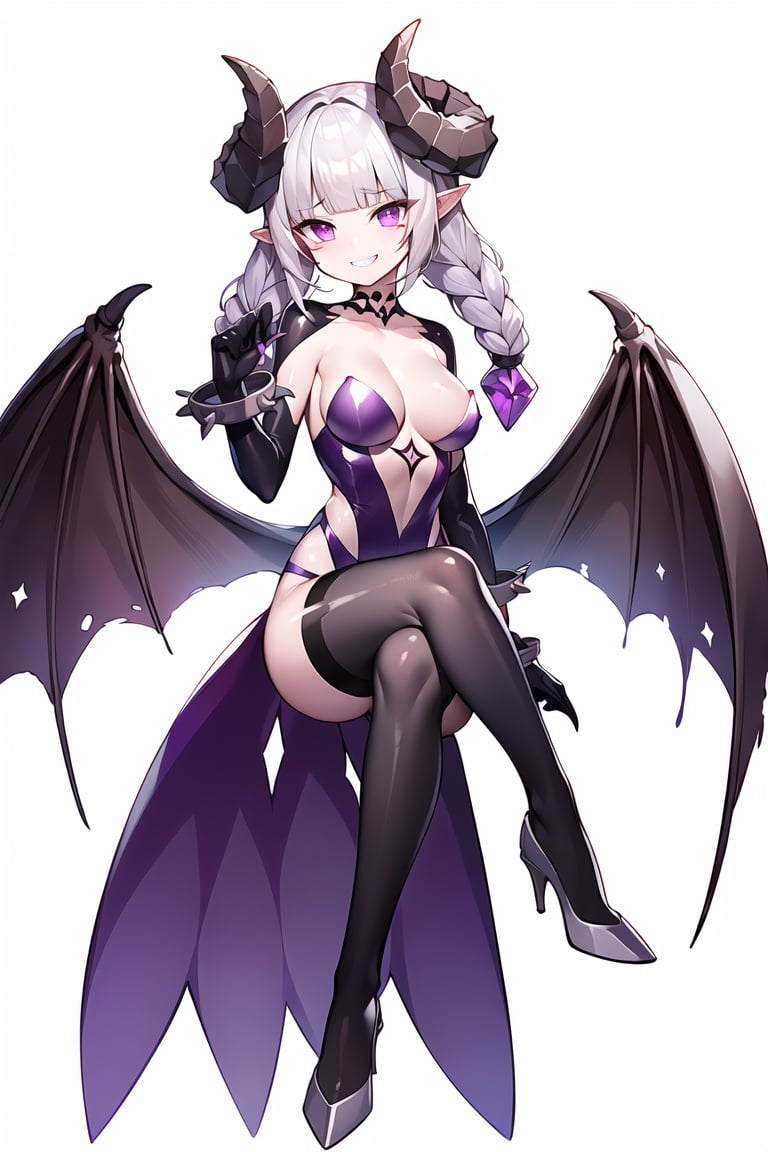 (best quality), ((masterpiece)), (highers), original, extremely detailed CG unity 8k wallpaper,Nyarly, pointy ears, demon girl, twin braids, high heels, purple eyes, black thighhighs, demon wings, demon horns, purple leotard1girl,full_body,grin,sitting, crossed legs, simple background, white background,,  <lora:Nyarly_DNF:0.6>