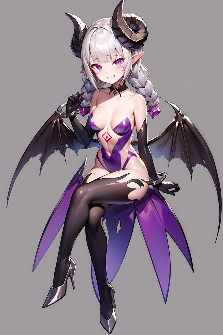 (best quality), ((masterpiece)), (highers), original, extremely detailed CG unity 8k wallpaper,Nyarly, pointy ears, demon girl, twin braids, high heels, purple eyes, black thighhighs, demon wings, demon horns, purple leotard1girl,full_body,grin,sitting, crossed legs, simple background, white background,,  <lora:Nyarly_DNF:0.6>