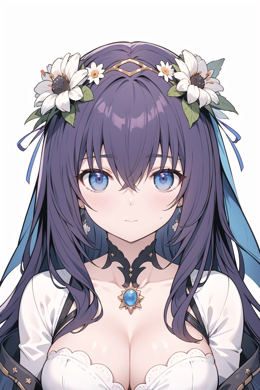 flower, lily_\(flower\), white_flower, 1girl, jewelry, earrings, daisy, white_rose, solo, blue_flower, holding_flower, rose, floral_background, blue_eyes, black_flower, bangs, long_hair, looking_at_viewer, plant, brooch, closed_mouth, portrait, purple_hair, breasts, long_hair, collarbone, cleavage, solo, scathach_\(fate\), hair_between_eyes, looking_at_viewer