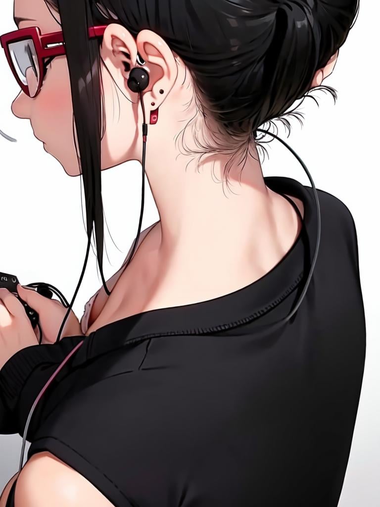 masterpiece, best quality, ultra-detailed, illustration,munechira, 1girl, earphones, solo, black hair, earbuds, glasses,  from behind, nipple slip,from above,<lora:munechira-000004:0.6>