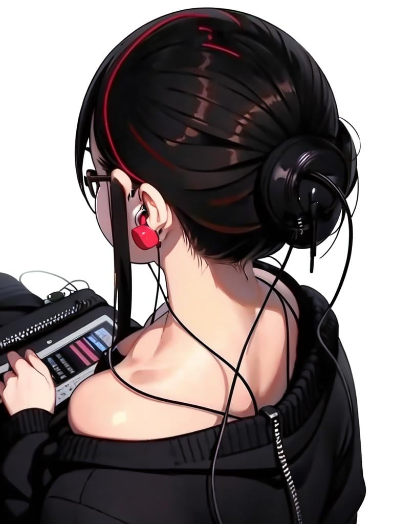 masterpiece, best quality, ultra-detailed, illustration,munechira, 1girl, earphones, solo, black hair, earbuds, glasses,  from behind, nipple slip,from above,<lora:munechira-000004:0.6>