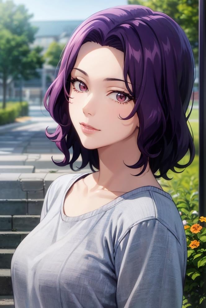 masterpiece, (best quality), 1woman, ,hamaoka_azusa,  purple hair , medium hair,sexy woman, casual clothes,best quality , vibrant colors ,natural lighting  ,RTX,   beautiful, (detailed face:1.2), showcase, (photorealistic:1.1), 8k uhd,  looking a viewer,  simple backround