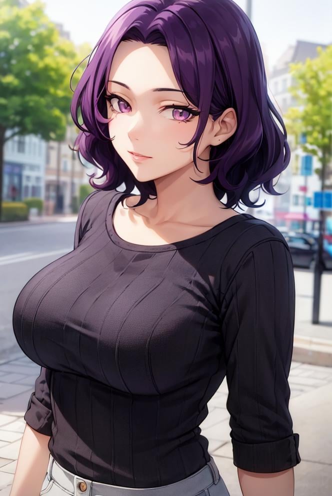 masterpiece, (best quality), 1woman, ,hamaoka_azusa,  purple hair , purple eyes,medium hair,sexy woman, casual clothes,best quality , vibrant colors ,natural lighting  ,RTX,  big breasts, beautiful, (detailed face:1.2), showcase, (beautiful eyes) ,(photorealistic:1.1), 8k uhd,  looking a viewer,  simple backround