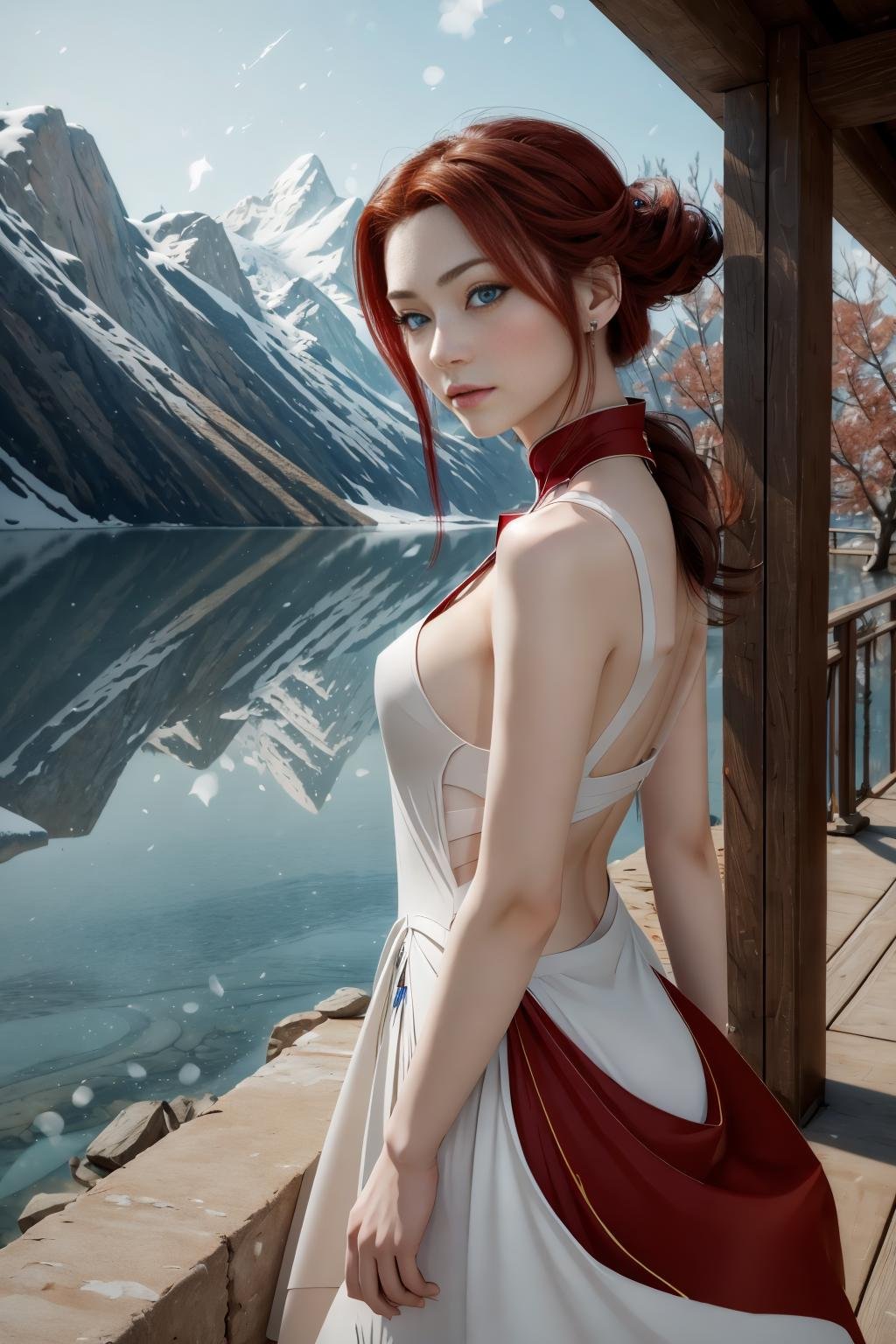 <lora:lvdress_v2:1>masterpiece, highly detailed 8k, best quality, volumetric lighting, volumetric lighting, intricate1girl in lvdress, dark red french twist , In The Distance, King Blue eyes, gendou posefrozen lakeside background    