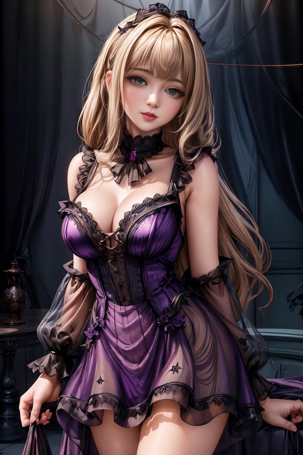 <lora:MaiLoRa_v2:0.7><lora:volant_dress_v1:0.7> Dark Purple volant_dress, voldressMasterpiece, best quality, (highly detailed raw photo:1. 2), 8k render in octane, volumetric lighting, volumetric shadows  <lora:more_details:0.7>a woman, dreadlocks, Pretending to be stuck in a large bubble, medium blonde, satin lipstickbotanical landscape background