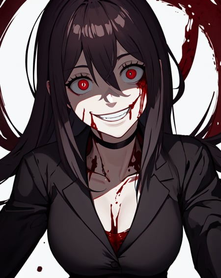 masterpiece, best quality, <lora:last-000005:0.6>, yameroyandere, (crazy smile:1.2), crazy eyes, yandere, red background, constricted pupils, red eyes, blood on face