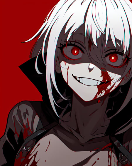 masterpiece, best quality, <lora:last-000005:0.6>, yameroyandere, (crazy smile:1.2), crazy eyes, yandere, red background, constricted pupils, red eyes, blood on face, shaded face,