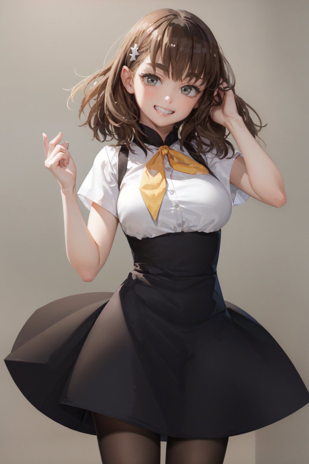 (masterpiece, best quality:1.2), <lora:gatchamancrowds_ichinose-10:1>, cowboy shot, solo, 1girl, ichinose hajime, grin, looking at viewer, hand in own hair, hairclip, school uniform, short sleeves, high-waist skirt, pantyhose