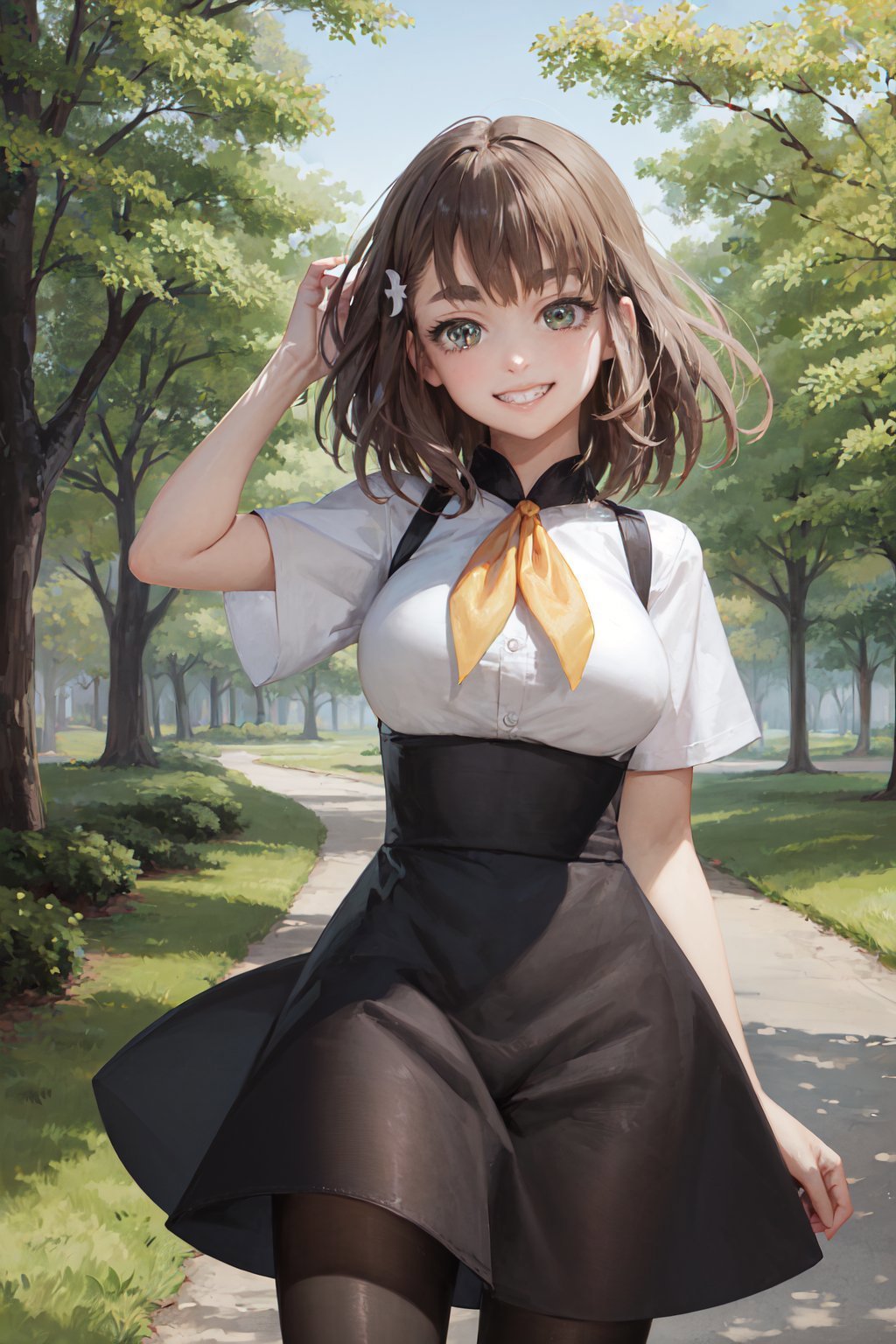 (masterpiece, best quality:1.2), <lora:gatchamancrowds_ichinose-10:1>, cowboy shot, solo, 1girl, ichinose hajime, grin, looking at viewer, hand in own hair, hairclip, school uniform, short sleeves, high-waist skirt, pantyhose