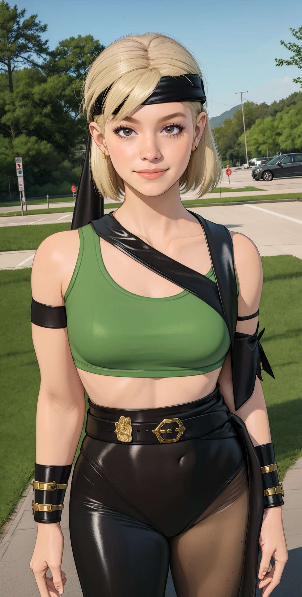 Sonyamk1, blonde hair, brown eyes,
headband, green crop top, green and black pantyhose, black bracers, 
upper body, standing, smile, 
 outdoors,  
(insanely detailed, beautiful detailed face, masterpiece, best quality)  