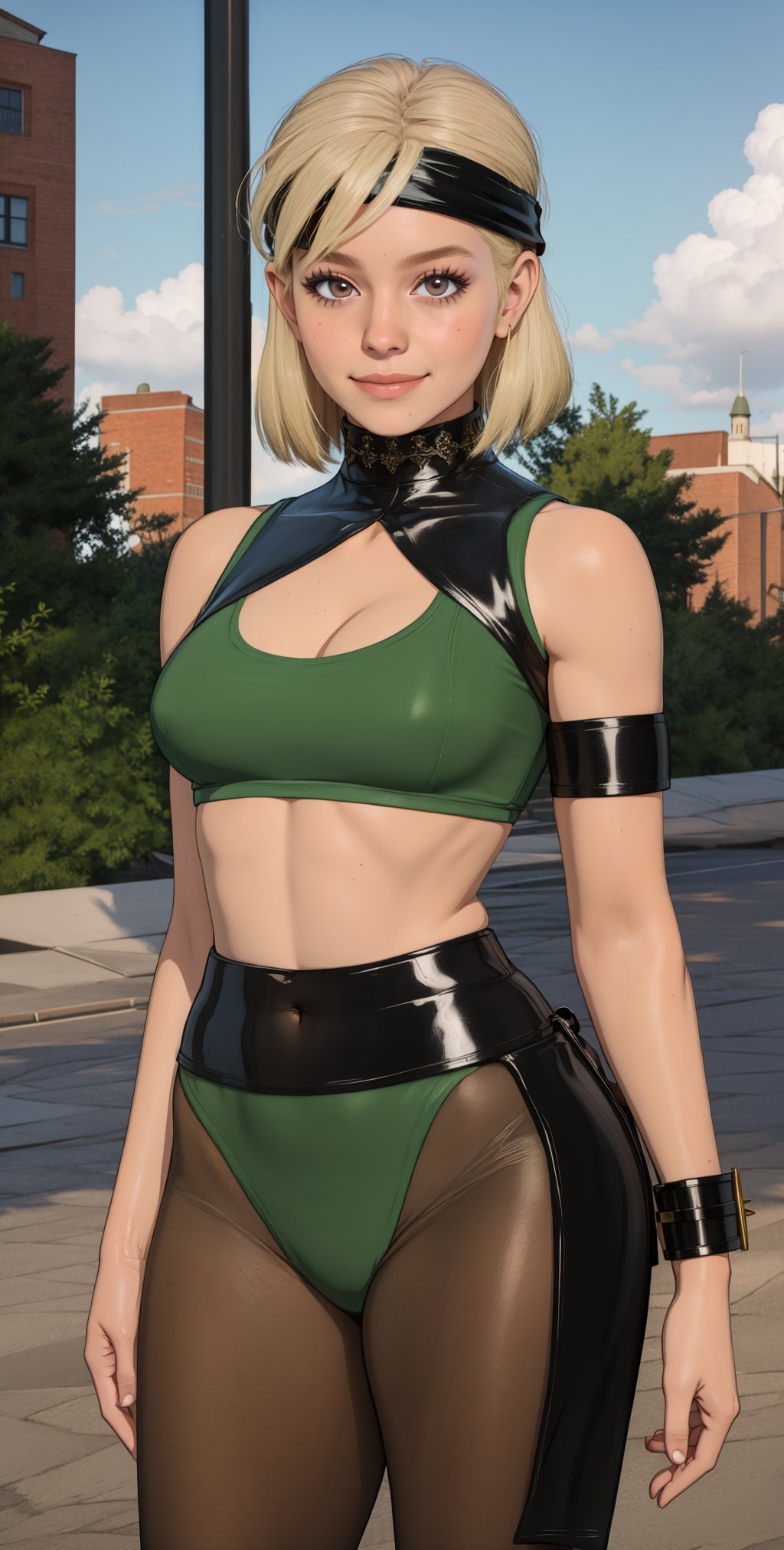 Sonyamk1, blonde hair, brown eyes,
headband, green crop top, green and black pantyhose, black bracers, 
upper body, standing, smile,  navel, 
 outdoors,  
(insanely detailed, beautiful detailed face, masterpiece, best quality)  