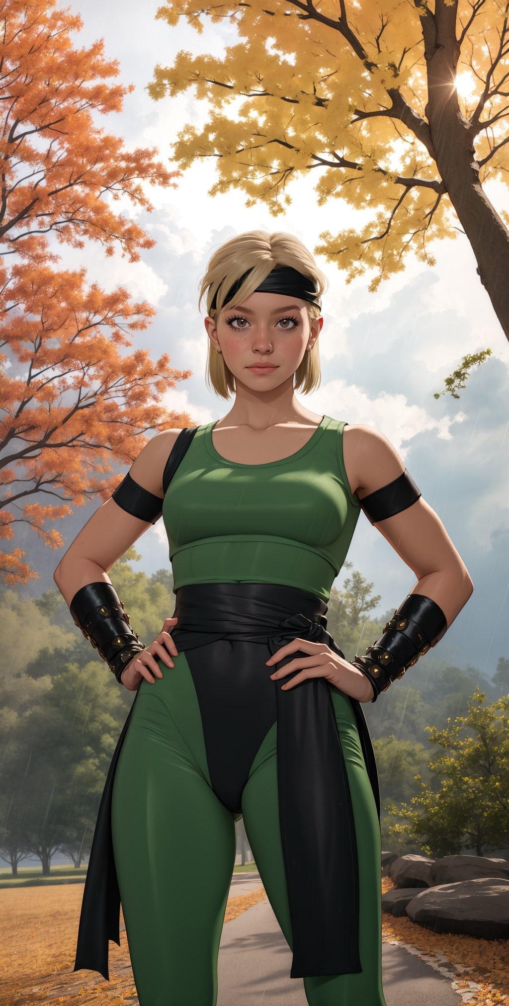 Sonyamk1, blonde hair, brown eyes, headband, green crop top, green pantyhose, black bracers, black sash, looking at viewer, serious, medium shot, 
standing, hands on hips, outside, park, trees, raining, overcast, autumn, extreme detail, hdr, beautiful quality, 