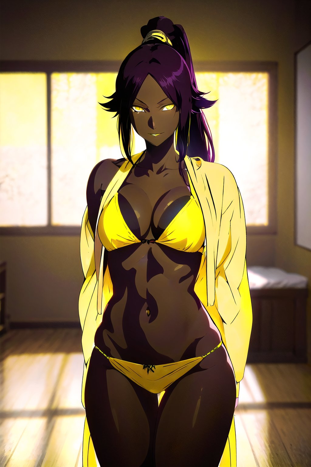 masterpiece, best quality, highres, collarbone, , indoors, cowboy shot, standing, smile, string bikini, black_string_bikini, arms behind back, curvy_figure , yoruichi shihouin, long hair, (yellow eyes:1.5), ponytail, purple hair, dark skin, dark-skinned female,