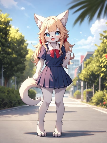 looking at viewer,clear sky,summer,sun,(furry, furry female:1.2),body fur, animal ears, fang, (tail:1.2), cheerful,smile,open mouth,gyaru,gold hair,low twintails,blunt bangs,blue eyes,(school uniform:1.2), short short sleeves, short skirt, in city, craw pose,cowboy shot,standing, leaning against,full body,<lora:Tora-NijiFurry-p2-t7:0.7>, 