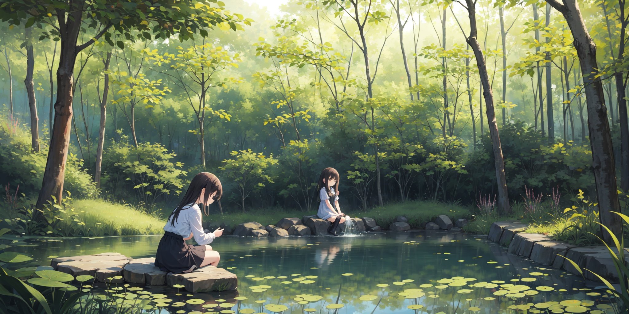 A girl is playing with water by the pond,surrounded by a quiet forest,