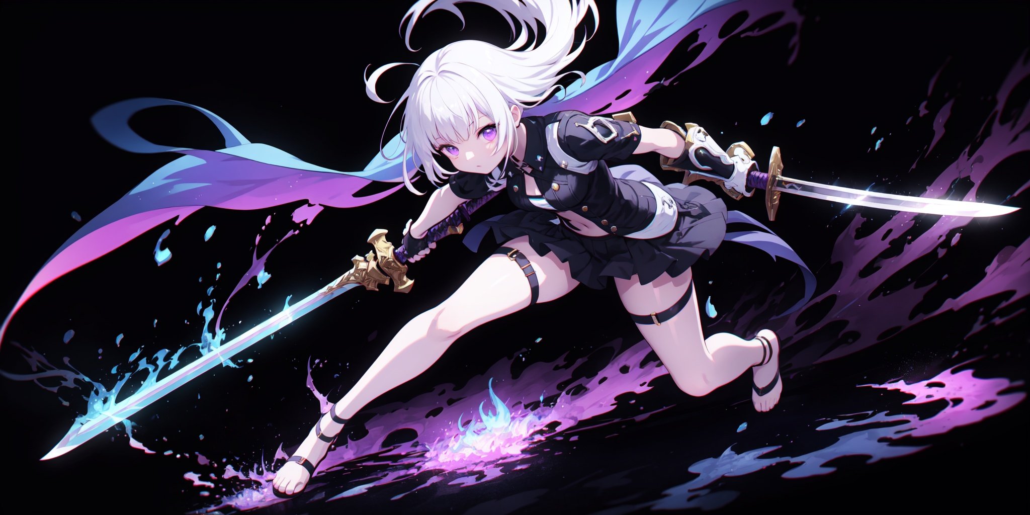 colorful,1girl,white hair,purple eyes,dual wielding,sword,holding sword,blue flames,glow,glowing weapon,light particles,wallpaper,chromatic aberration,full body,